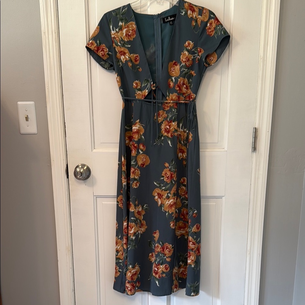 Lulus Floral Teal Midi Dress Summer Edit Sz XS - Picture 3 of 5